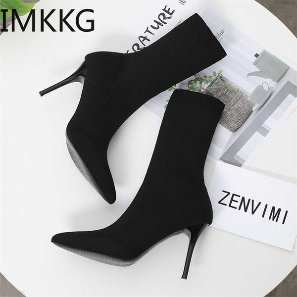 

sock boots knitting stretch high heels for women fashion shoes spring autumn ankle female size 42 211104, Black