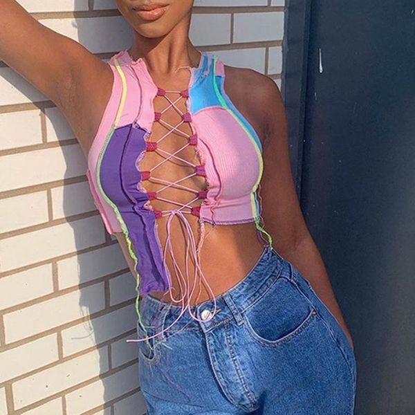 

women's t-shirt female gothic clothes hollow out ribbed camisole summer for women knitting colorful tank sling bandage t shirt, White