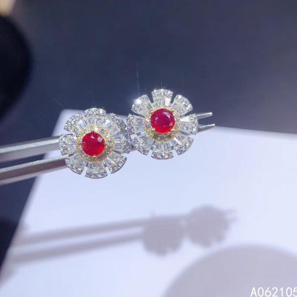 

stud fine jewelry 925 pure silver chinese style natural ruby girl fresh exquisite flower two color gem earrings ear support dete, Golden;silver