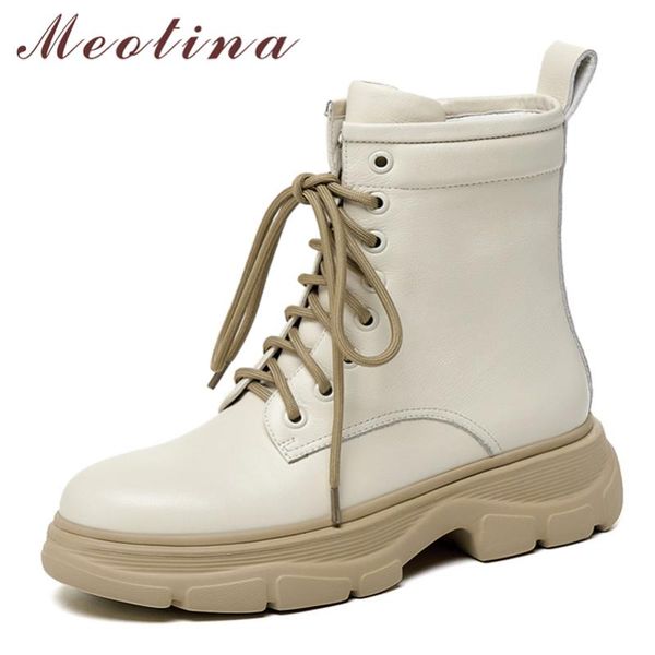 

boots meotina ankle motorcycle women real leather lace up shoes thick med heel platform round toe autumn winter 41, Black