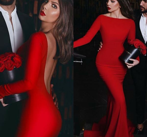 

red mermaid evening dress 2022 backless long sleeves soft satin prom formal gown arabic dubai celebrity wear robe de soiree vestidos noche, Black;red
