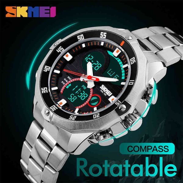 

watches skmei men analog digital stainless steel business quartz wristwatch double time multifunction sport male clock 1146, Slivery;brown