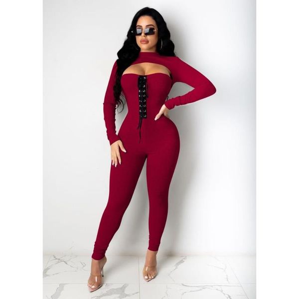 

women's two piece pants autumn corns lace up bandage t shirt turtleneck hollow out long sleeve tight pencil trousers outfits, White