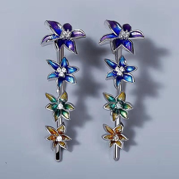 

stud 2021 fashion tassel long section 925 silver ladies handmade enamel epoxy earrings elegant jewelry gift, Golden;silver
