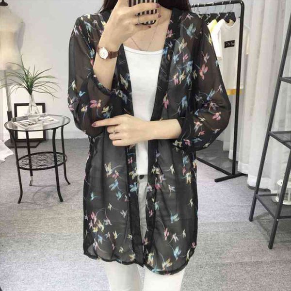 

women chiffon kimono cardigan floral printed long sleeve blouse summer beach cover up long boho loose ladies shirts, White