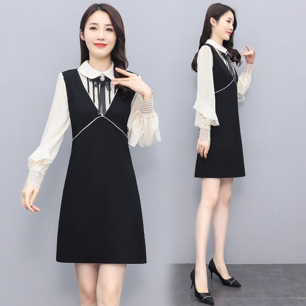 

luxury casual drsdr's autumn 2021 baby collar sleeve splicing mid long waist slim a-line skirt fashion, Black;gray
