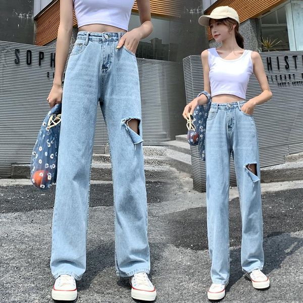 

women's jeans ripped women 2021 summer high waist slim straight leg pants loose wide small mopping, Blue