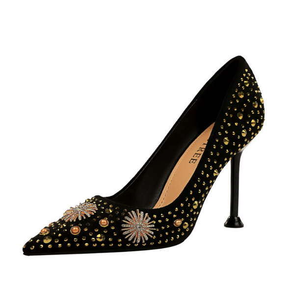 

dress shoes european and american style retro high heels suede shallow pointed toe rhinestone metal women's 9.5cm, Black