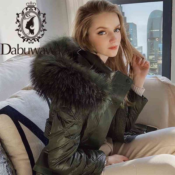 

dabuwawa chic diamond pattern women white duck down jacket raccoon fur hooded solid thick long coat female warm winter dt1ddw036 210520, Black
