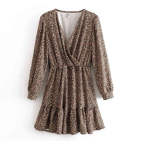 

vintage leopard printed pleated dresses women fashion cross v-neck dress elegant ladies long sleeve mini 210531, Black;gray
