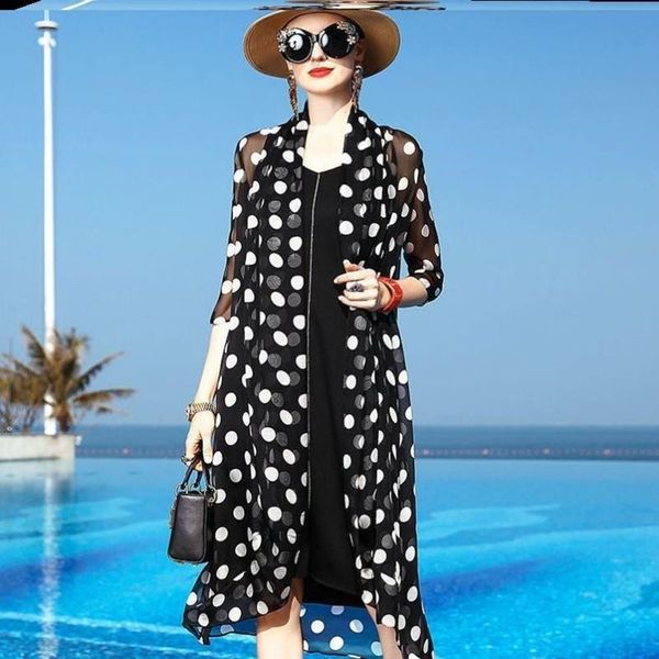

women's jackets elegant jacket long cardigan coats female polka dot sunscreen coat chaqueta mujer summer women beach bikini chiffon, Black;brown