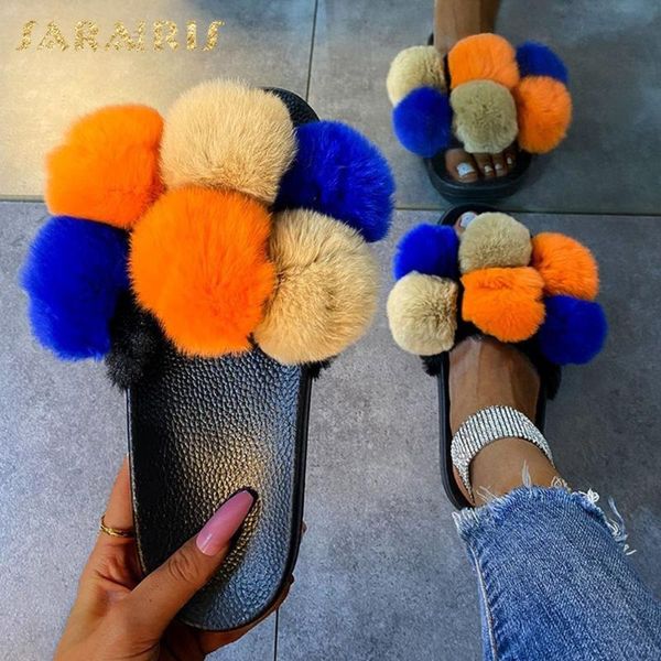 

sarairis 2021 brand comfy flat with summer slipper wommen's shoes luxury platform fluff decoration outside ladies slippers, Black