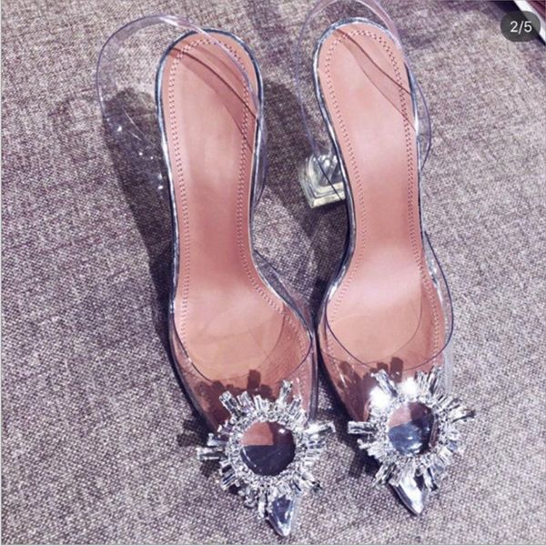

[gogd]europe and the united states 2021 summer wild net red pointed thick heel with rhinestone transparent sandalswomen sandals, Black