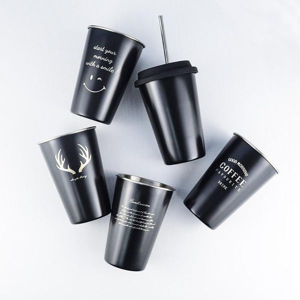 

mugs black stainless steel coffee mug silicone lid creative letter pattern travel camping tea milk cups home office school gift 500ml