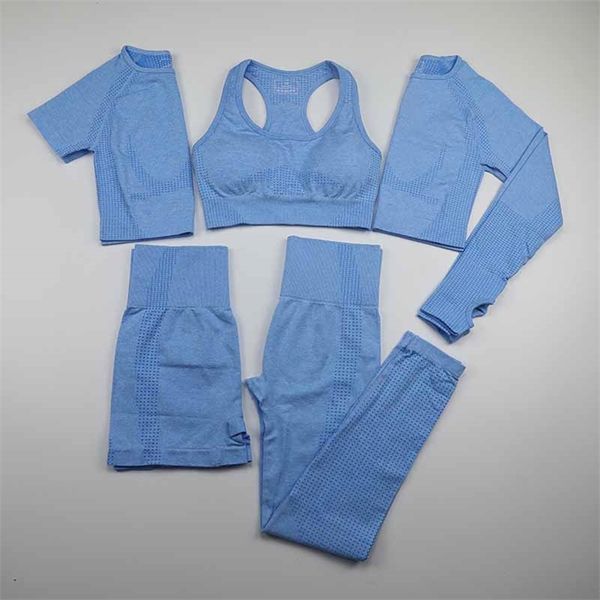 

5 piece vital seamless yoga set women workout sport wear gym clothing short/long sleeve crop high waist leggings sports suit 210813, Gray