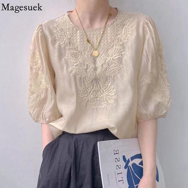 

women's blouses & shirts embroidered lace blouse summer puff short sleeve casual shirt 2021 fashion o neck hook flower elegant 15454, White