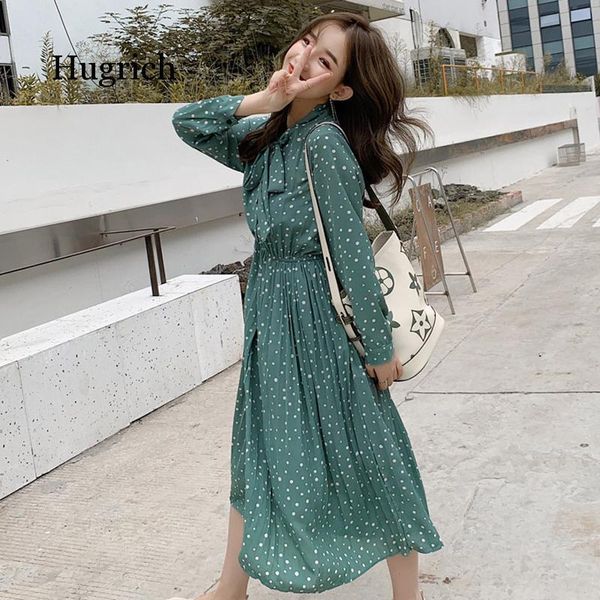 

casual dresses bow-neck polka dots female dress full sleeve elastic waist chiffon pleated women 2021 autumn midi vestidos femme, Black;gray