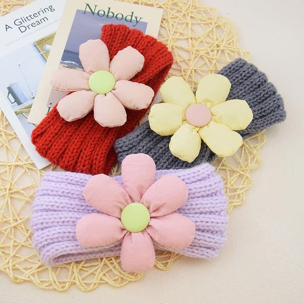 

hair accessories kids knitting headband big cloth flower knitted band soft warm headwrap elastic bands, Slivery;white