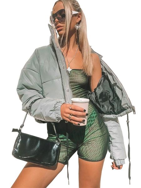 

women's jackets 2021 long sleeve cotton slim bolero for women hip length puffer reflective solid gray zipper button winter coat, Black;brown