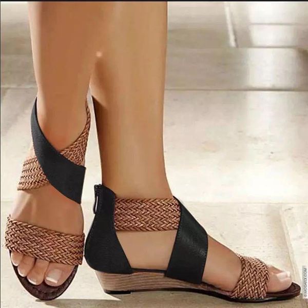 

women's sandals with large cut-out woven belt open toe slope heel roman, Black