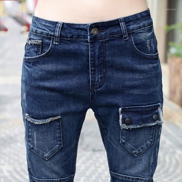 

women's jeans lady spring fashion high waist harem pants slim fit full lengt trousers elastic streetwear pockets denim pencil, Blue