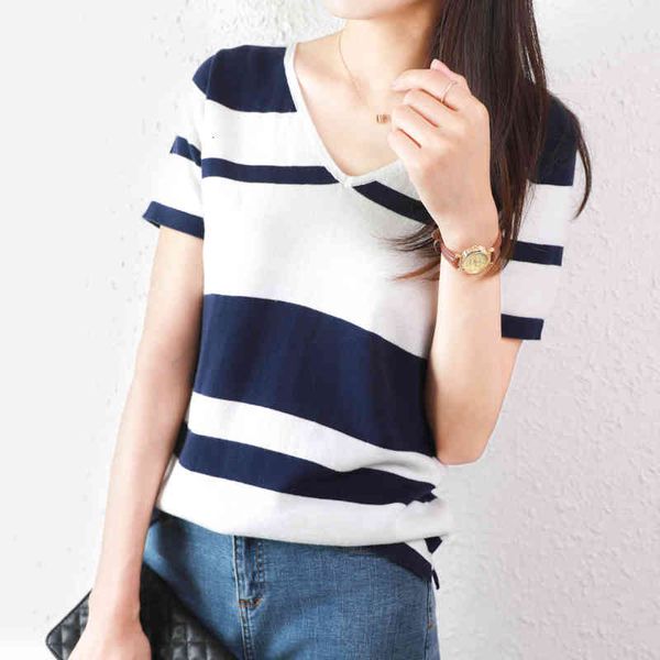 

women's t-shirt pure cotton shirt, casual mesh sweater, short sleeve, plus size, v-neck, t-shirts, striped summer, , 2021, White