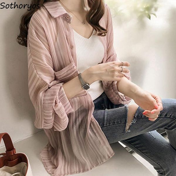 

women's blouses & shirts women korean style striped sun-proof breathable loose oversize 4xl chiffon shirt ladies elegant leisure fashio, White