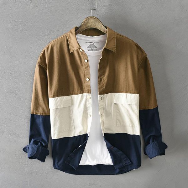 

men's casual shirts men winter fall contrast color patchwork long sleeve lapel shirt pure cotton comfortable wild korean style chic wor, White;black