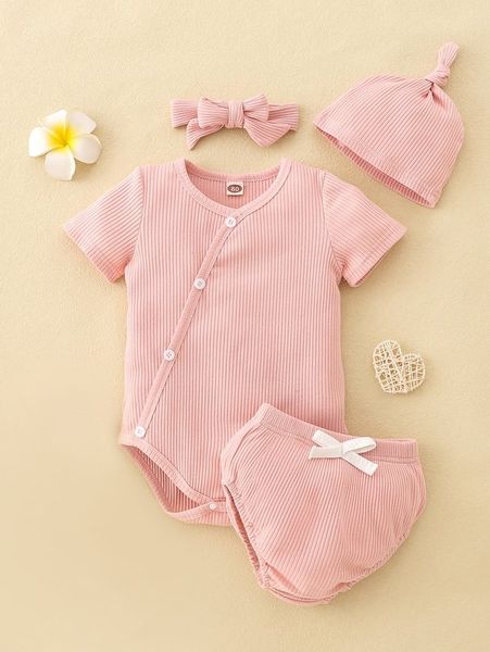 

baby ribbed knit bodysuit & bow front shorts with hat and headband she, White