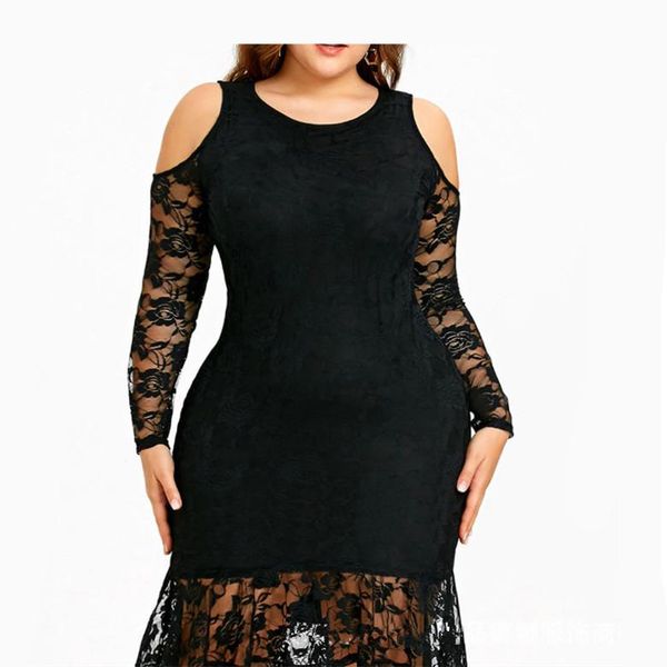 

casual dresses large size knitted spring/summer 2021 round neck long sleeve lace irregular women dress black plus elegant, Black;gray