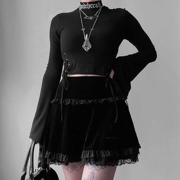 

black goth aesthetic pleated skirts women lace trim low waist e girl mini skirt punk dark academia y2k dance streetwear