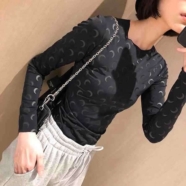 

tee trendy brand luxry design black bottoming shirt tight elastic slim fit with long sleeves crescent moon women t-shirt m2, White