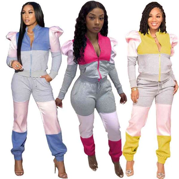 

xy9115 women's zipper stitched contrast bubble sleeve sweatsuit, Gray