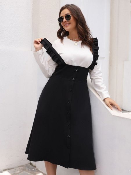 

plus ruffle trim button front overall dress without tee r7cb#, Black