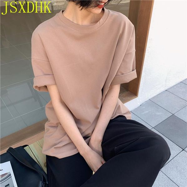 

women's t-shirt jsxdhk 2021 autumn women 6 colors casual short sleeve loose bottoming solid female basic thick shirt, White