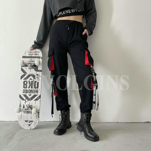 

big pockets cargo womens capris high waist loose streetwear tactical trouser hip hop quality cotton joggers, Black;white