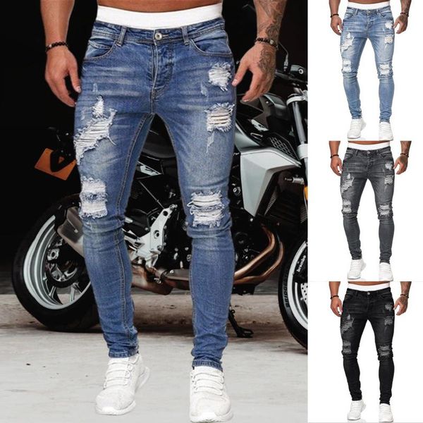 

men's jeans men solid color ripped holes frayed gradient washed trousers male pants hip hop streetwear joggers pantalones hombre, Blue