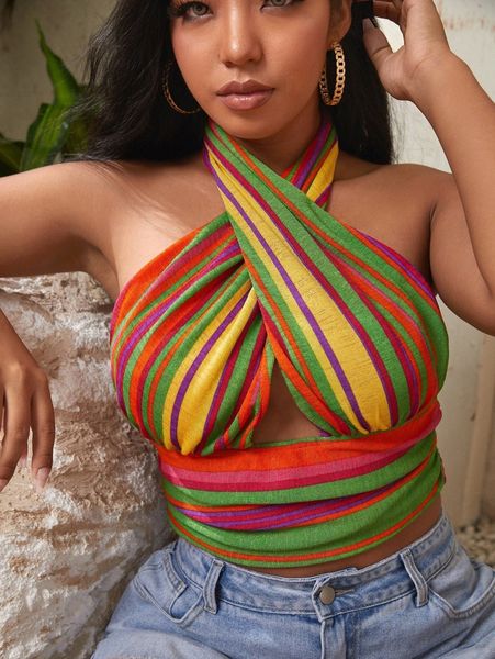 

plus striped colorblock cross wrap halter r1b7#, Black