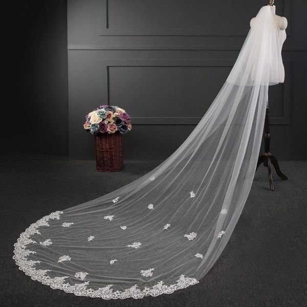 

bridal veils lan ting bride two-tier lace applique edge wedding veil chapel 53 appliques embroidery tulle, Black