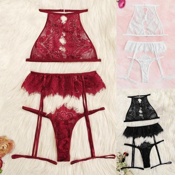 Conjuntos de sutiãs Lenceria Sex Shop Mulheres Sexy Lingerie Sutiã Oco Tanga Jarreteira Roupa de Dormir Preto Conjunto S-XL Lengerie Feminina