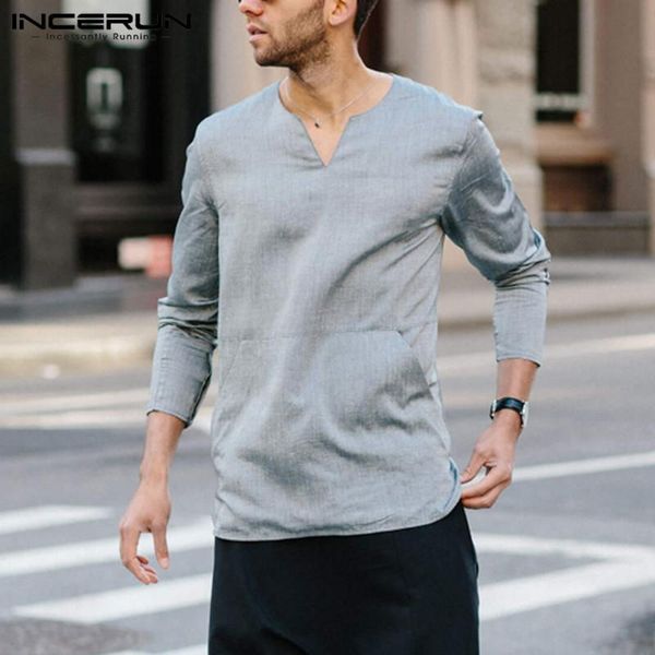 

vintage solid color men t shirt v neck cotton long sleeve pockets casual tee streetwear camisetas t-shirts s-5xl incerun men's, White;black