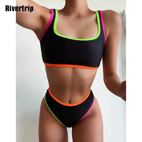 

women's swimwear rivertrip patchwork bikinis off shoulder swimsuits women high waist for bandeau bathing suits beachwear, White;black