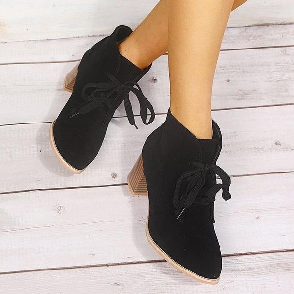 

boots women's winter 2021 fashion lace-up short cross straps pointed high heel leopard-print suede ankle botas mujer1, Black