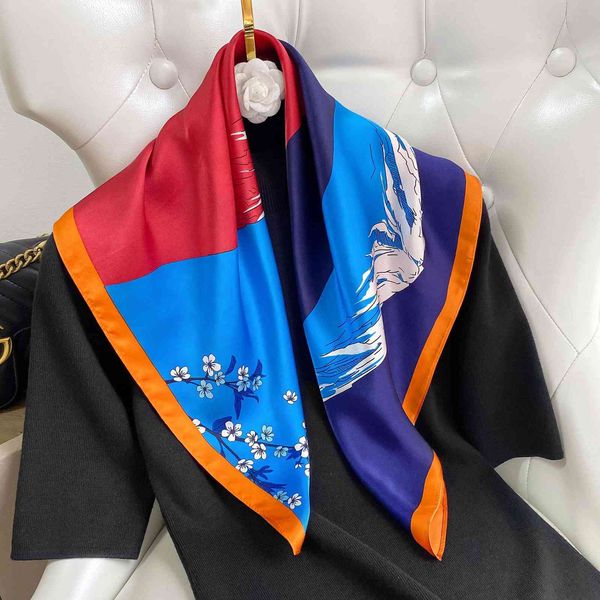 

2021 luxury brand women scarf summer 100% silk scarves shawls lady wraps soft pashimina female echarpe beach stole bandana 70cm, Blue;gray