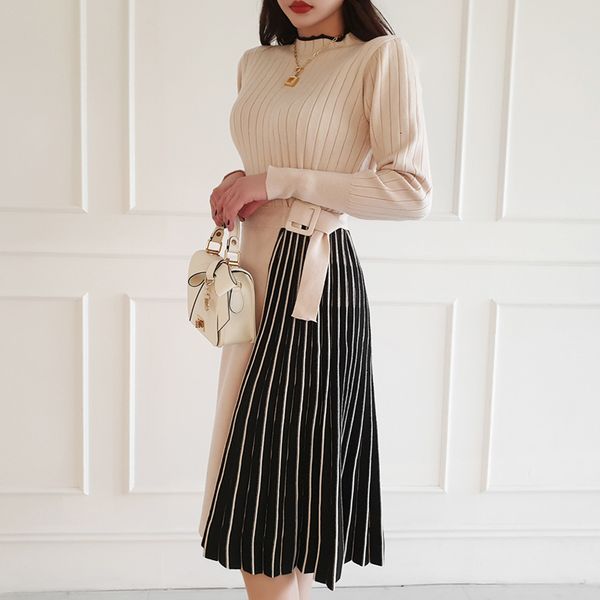 

dressed female thick plied mid-dressed dress apricot/black striped dapper sweater, Black;gray