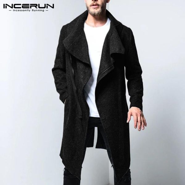 

men's trench coats incerun winter men lapel casual solid color streetwear faux wool fashion cloak long sleeve overcoats plus size, Tan;black