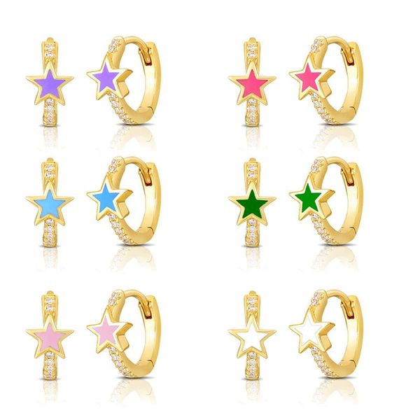 

hoop & huggie 925 sterling silver ear buckle star colorful enamel huggies circle piercing earrings luxury jewelry for women, Golden;silver