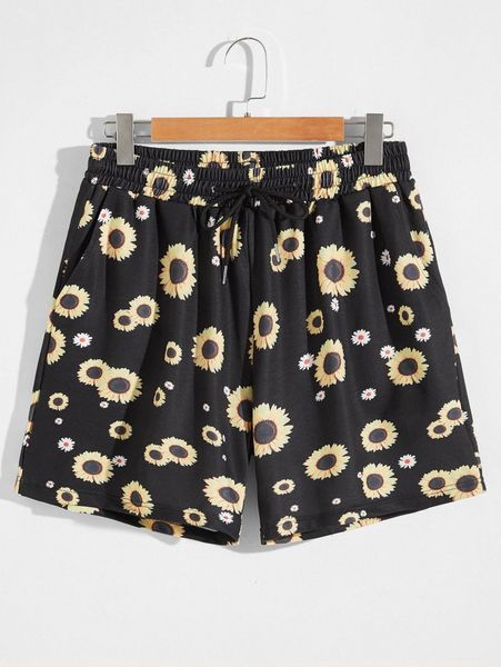 

men sunflower print drawstring waist shorts 29ei#, Black