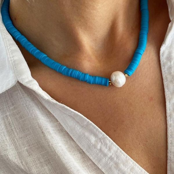 

chokers bohemian freshwater pearl necklaces colorful silicone polymer clay beaded choker for man women beach jewelry gift wholesale 2021, Golden;silver