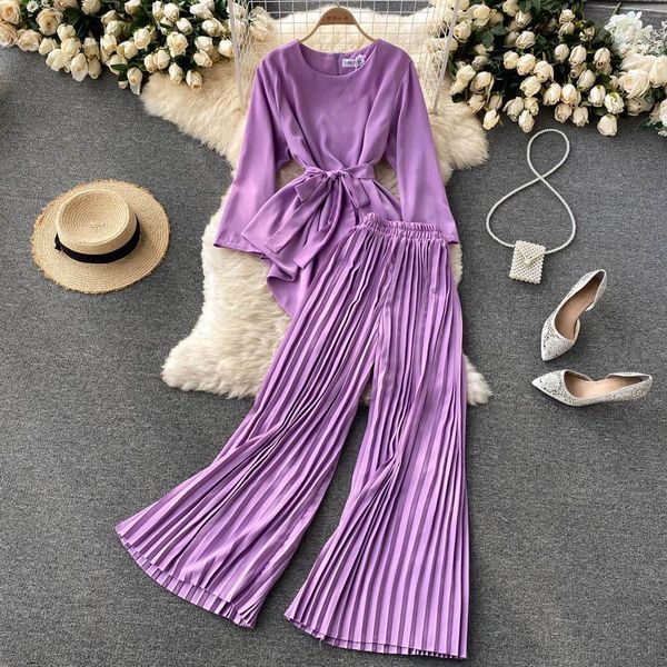 

women's two piece pants autumn office lady purple/red/green draped set women elegant o-neck irregular + pleated ol 2021 fashion, White